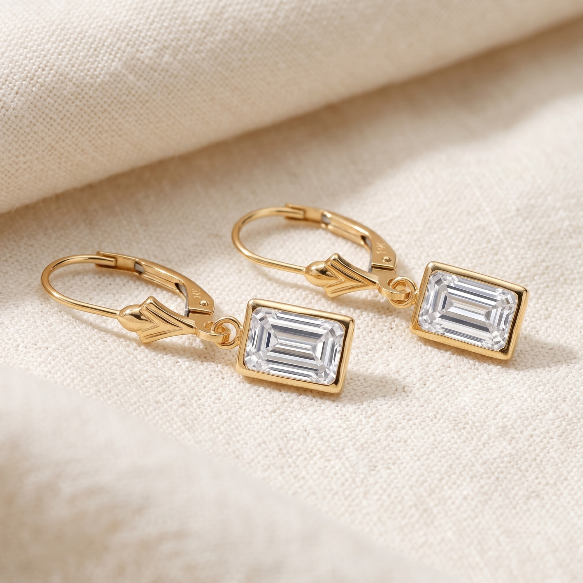 14K Gold Natural White Topaz Emerald-Cut Gemstone Drop Earrings