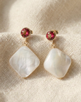 14K Gold Natural Red Garnet, With Mother Of Pearl Drop Earrings