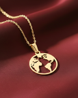 14K Yellow Gold World Map Pendant Necklace