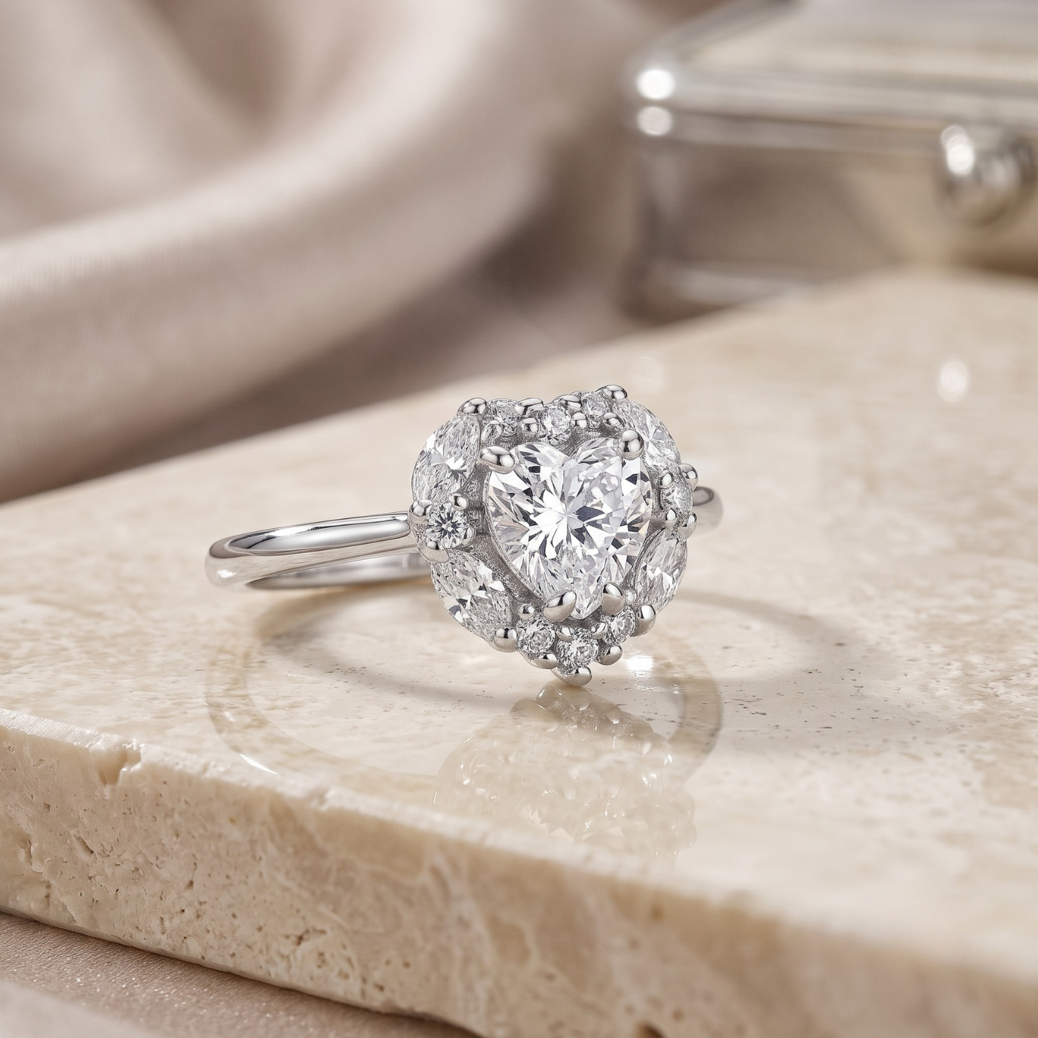 Sterling Silver Heart Shape Halo Engagement Ring