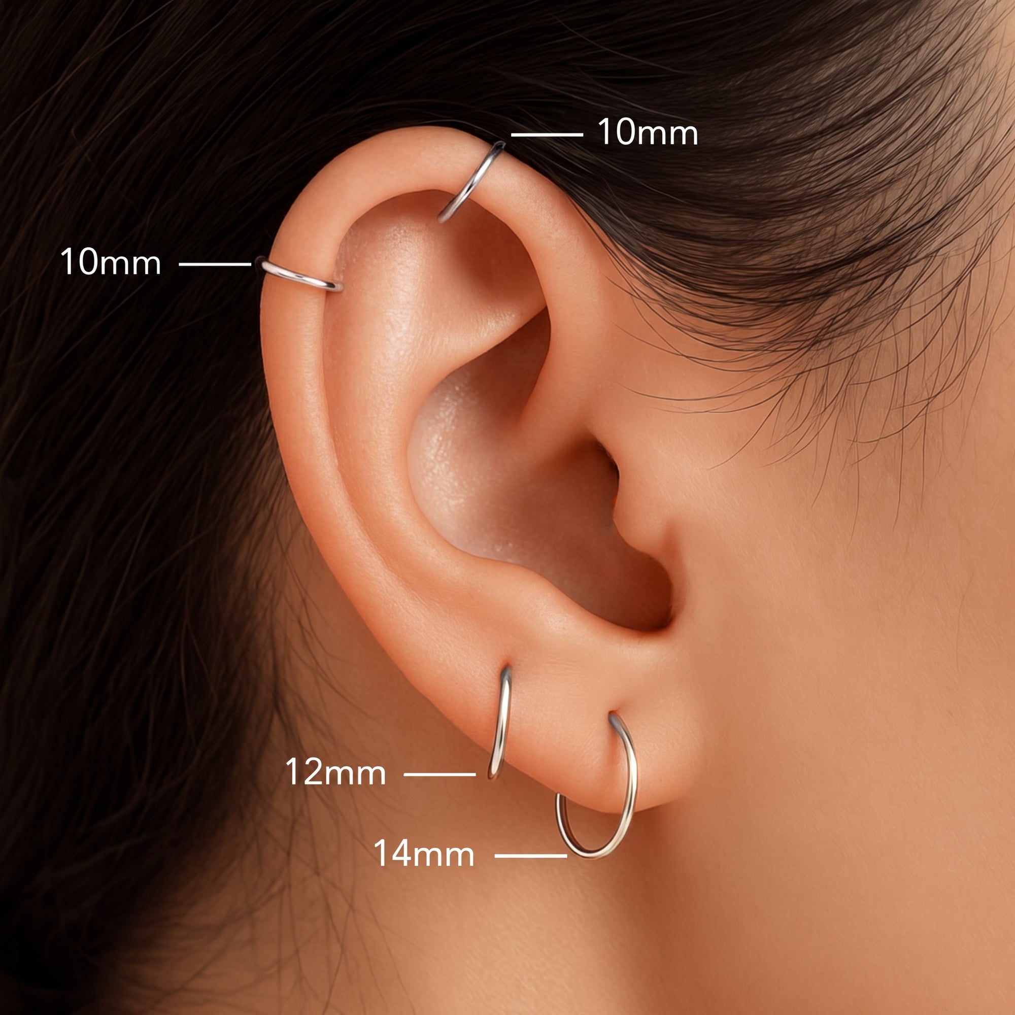 Sterling Silver Endless Hoop Earrings, 4 Pair Set, 10mm, 12mm, 14mm, 16mm
