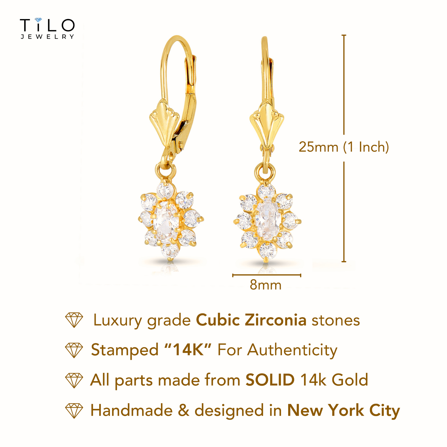14k Yellow Gold Zirconia Birthstone Flower Earrings, Classy and Elegant Earrings, Available in 12 Colors