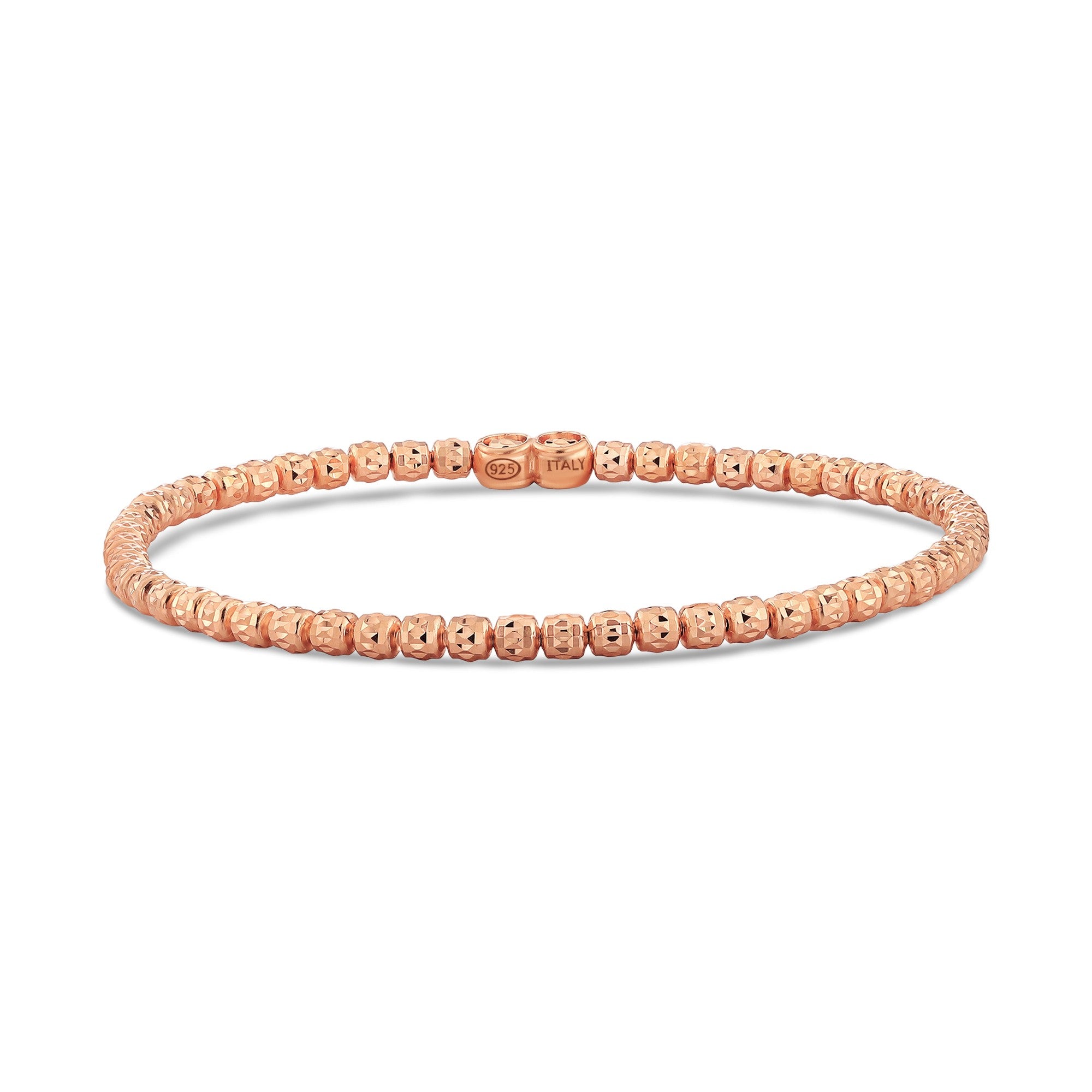 14K Rose Gold Plated Diamond-Cut "Tiger" Bead Stretch Bracelet, Solid Sterling Silver