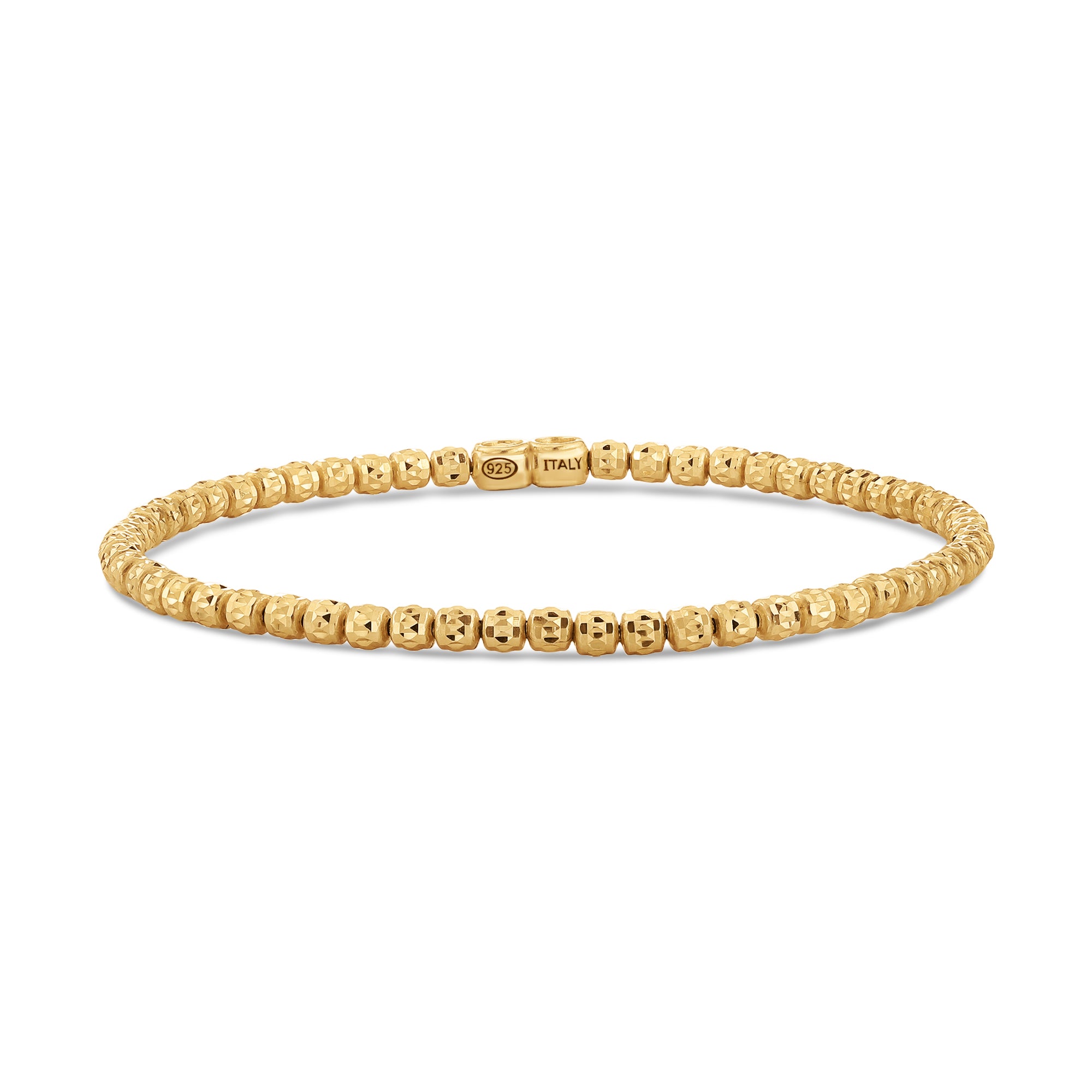 14K Gold Plated Diamond-Cut "Tiger" Bead Stretch Bracelet, Solid Sterling Silver