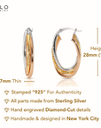 Sterling Silver Tri-Color Spiral Design Oval Hoop Earrings