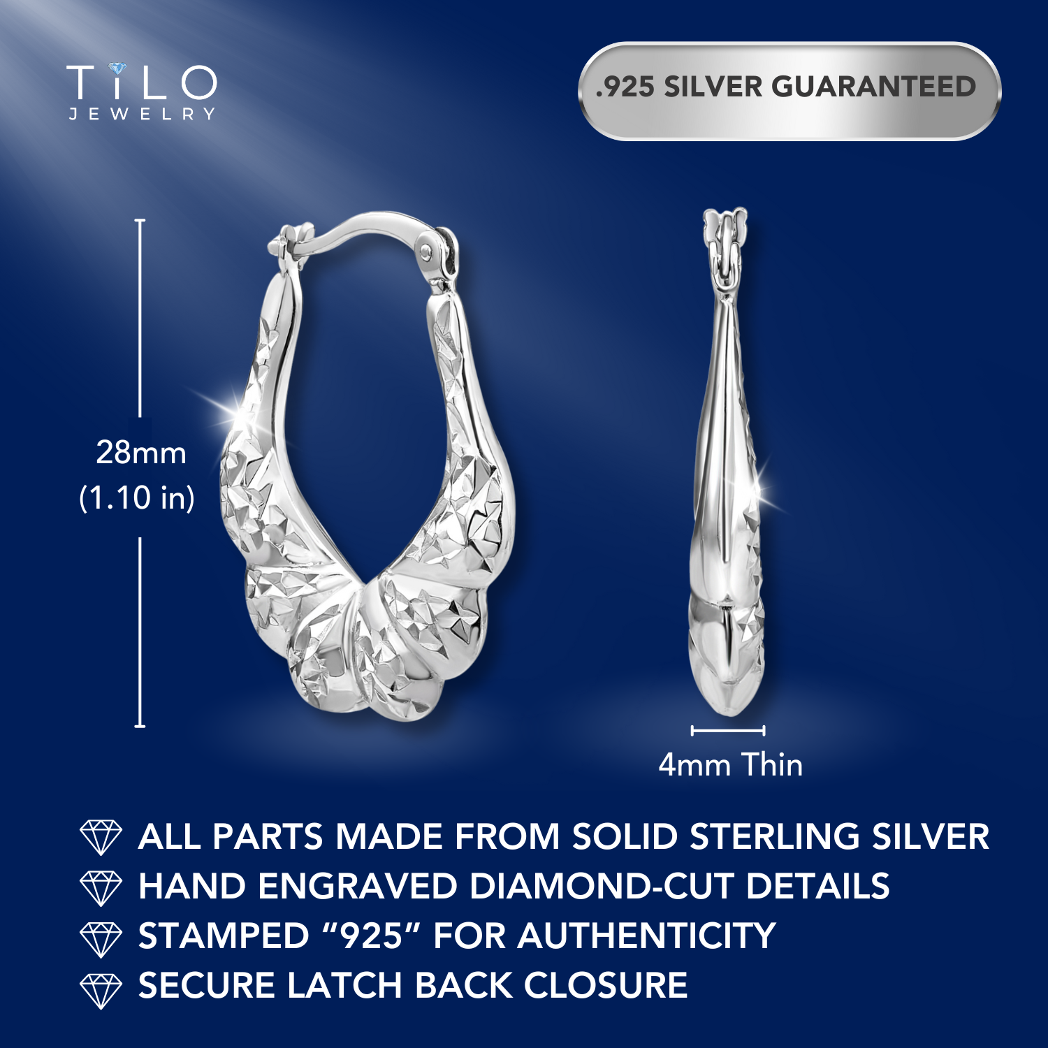 Sterling Silver Diamond-Cut Oval Croissant Hoop Earrings, Hand Engraved Design