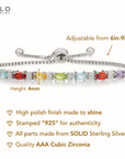 Sterling Silver Multicolor Rainbow CZ Bracelet, Adjustable Length