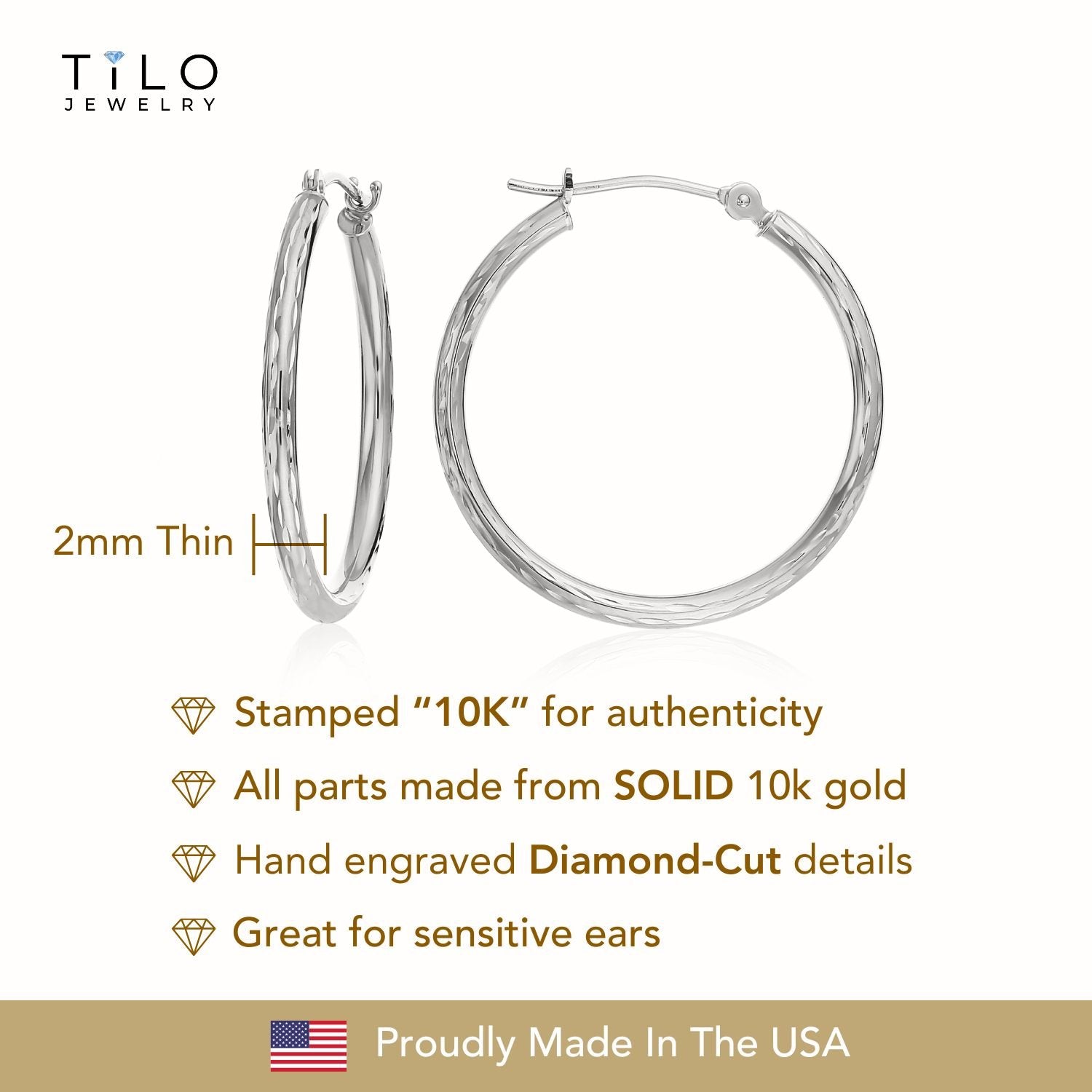 10K White Gold Diamond-Cut Hoop Earrings, All Sizes