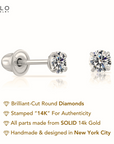 14K White Gold Lab Diamond Stud Earrings, CVD Brilliant Solitaire Round Diamond Studs, Screwback