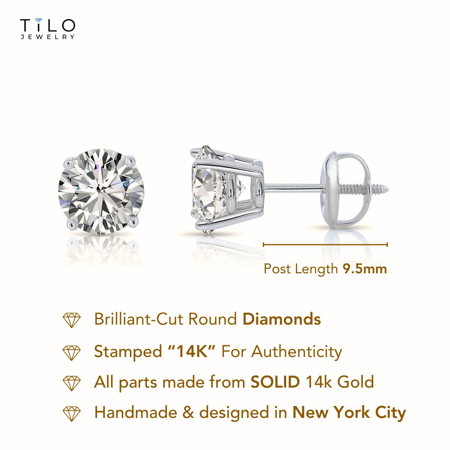 14K White Gold Solitaire Lab Diamond Studs, Screwback