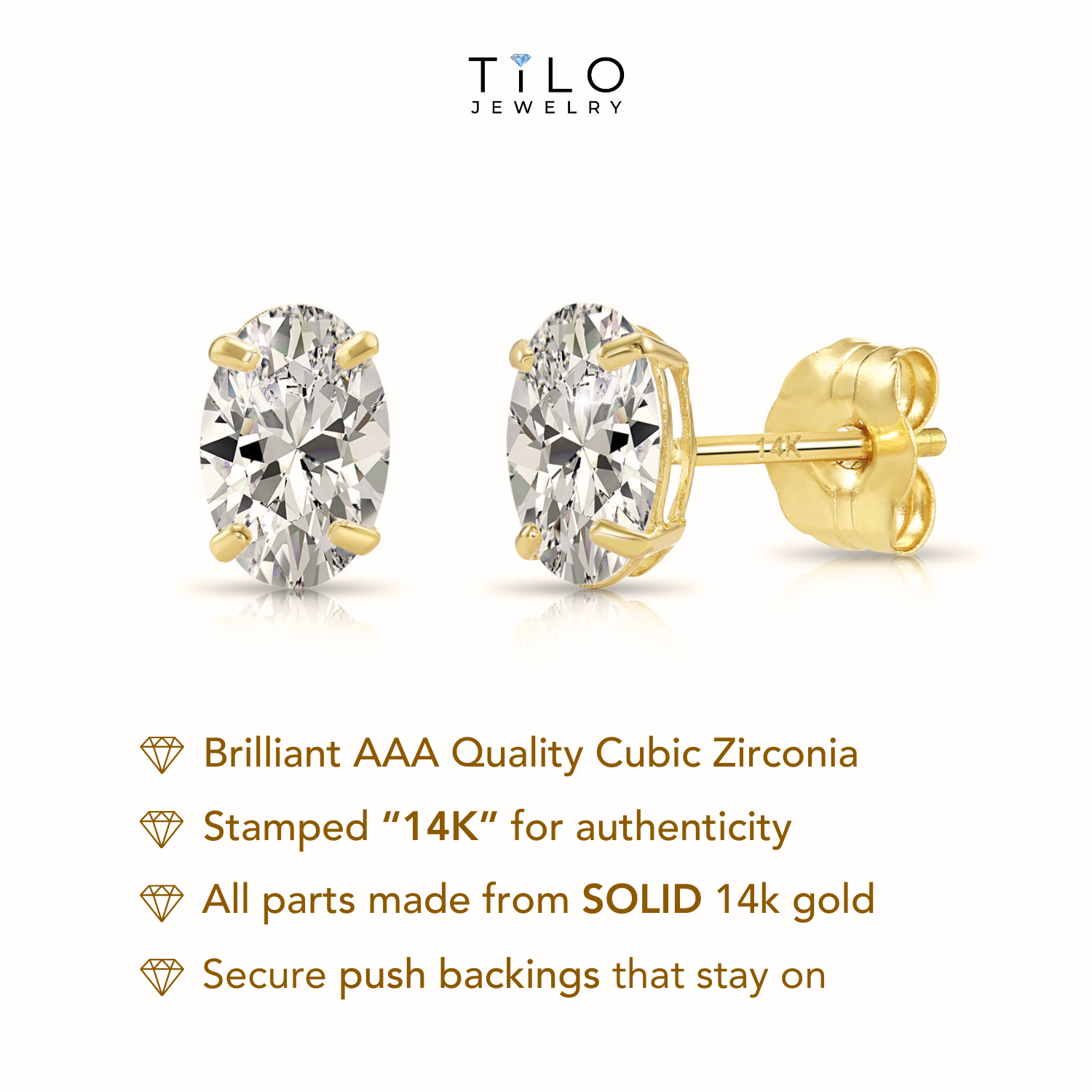 14k Solid Gold Basket Set Oval CZ Stud Earrings, With Pushbacks