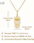 14K Yellow Gold Owl Pendant Necklace