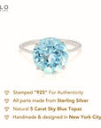 Sterling Silver Sky Blue Topaz Ring, Five Carat Natural Gemstone