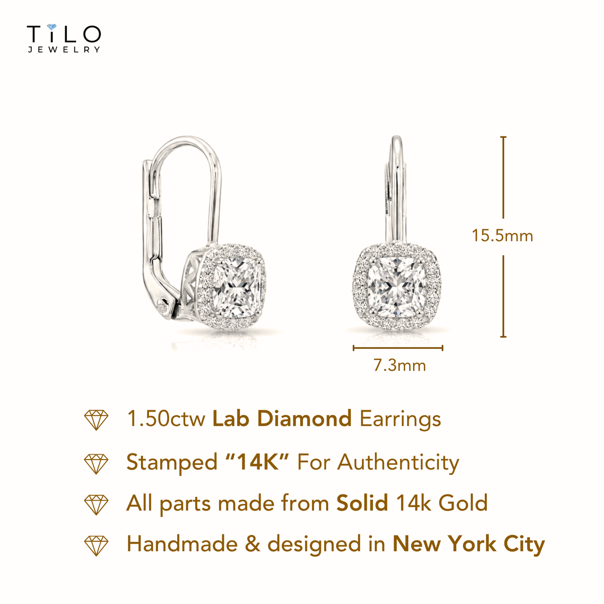 14K White Gold Lab Diamond Cushion-Cut Drop Earrings, 1.50ctw