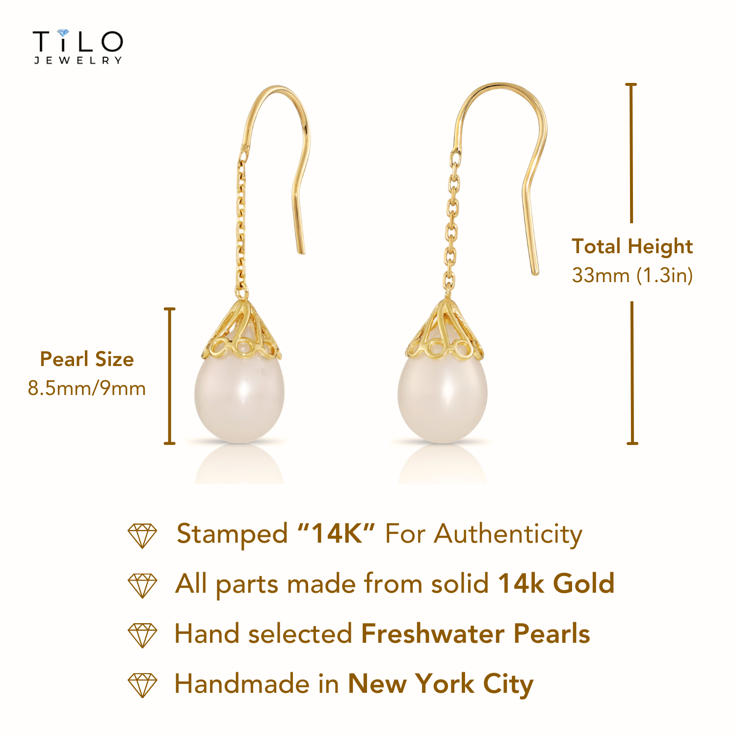 14K Yellow Gold Pearl Drop Dangle Earrings