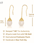 14K Yellow Gold Pearl Drop Dangle Earrings