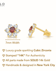 14K Yellow Gold Large Flower Halo CZ Birthstone Stud Earrings, Available in 12 Colors