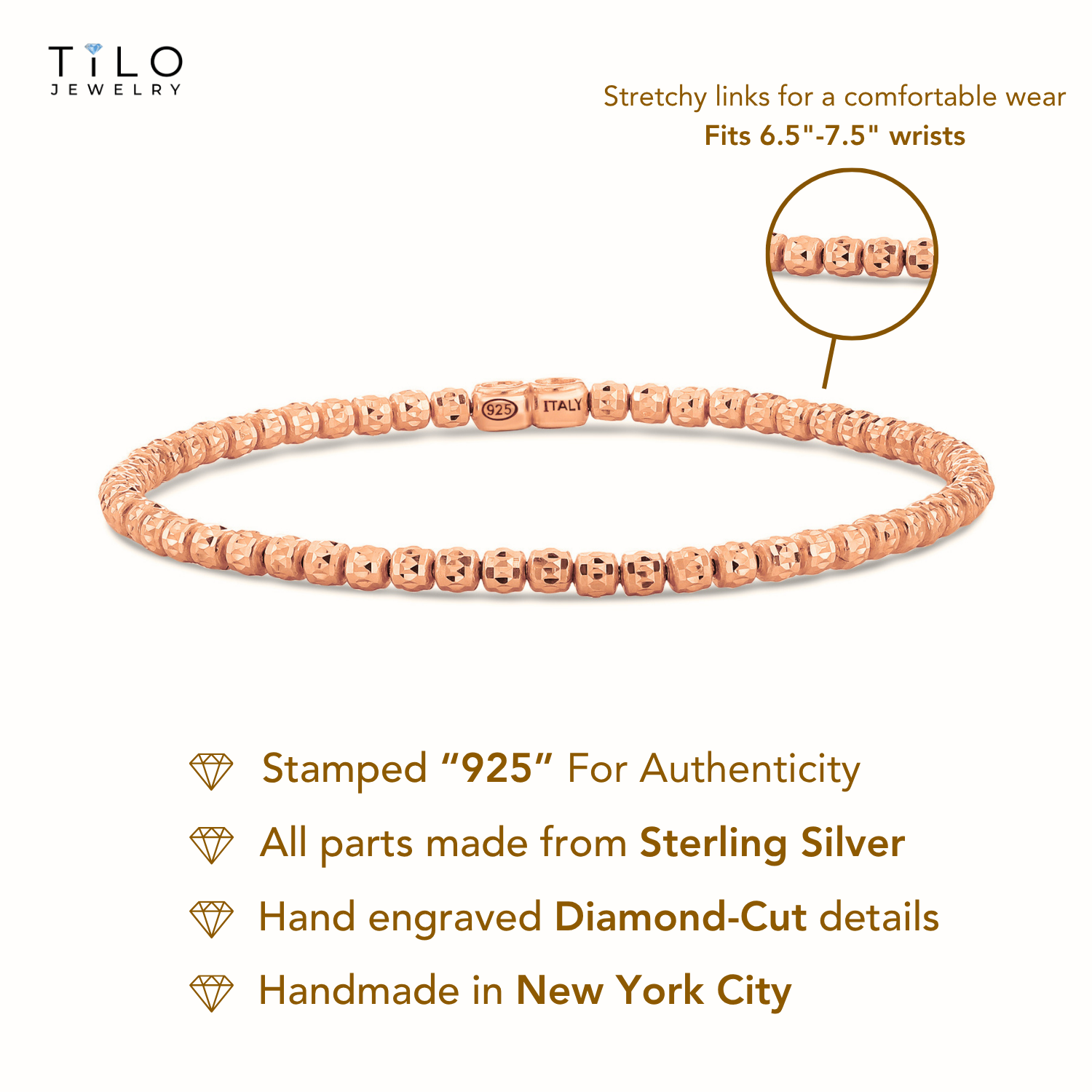 14K Rose Gold Plated Diamond-Cut "Tiger" Bead Stretch Bracelet, Solid Sterling Silver