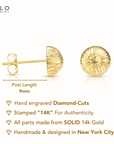 14K Gold Diamond-Cut Half Ball Stud Earrings With Pushbacks