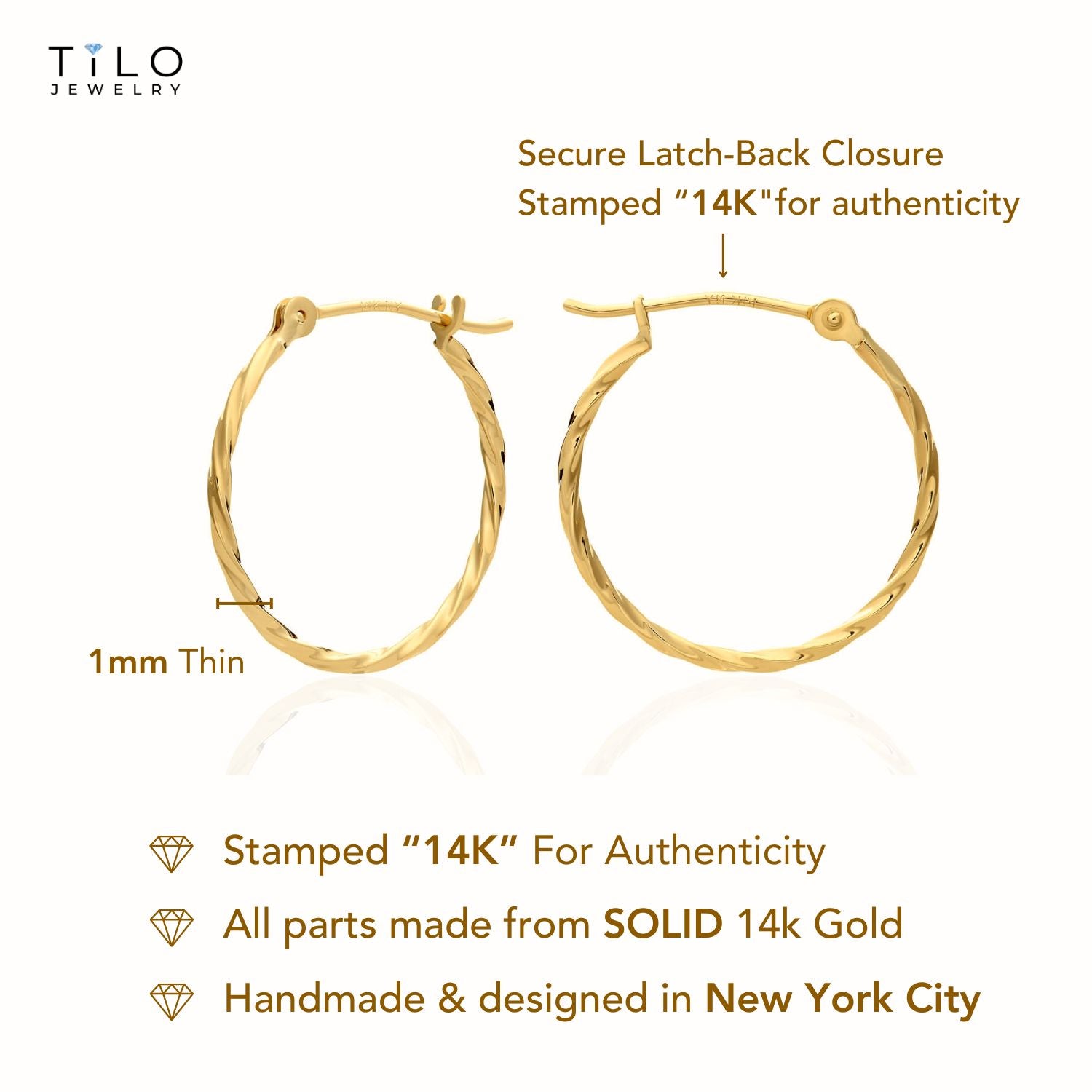 14k Yellow Gold Thin Twisted Hoop Earrings, 1mm