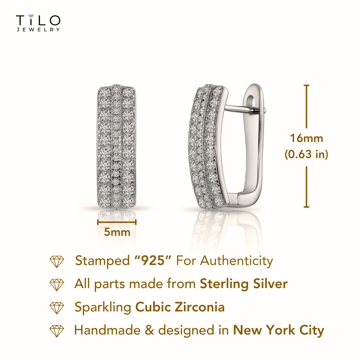 Sterling Silver Cubic Zirconia Oval Huggie Hoop Earrings, Three-Row Design