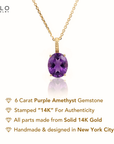 14K Yellow Gold Oval Purple Amethyst Pendant Necklace
