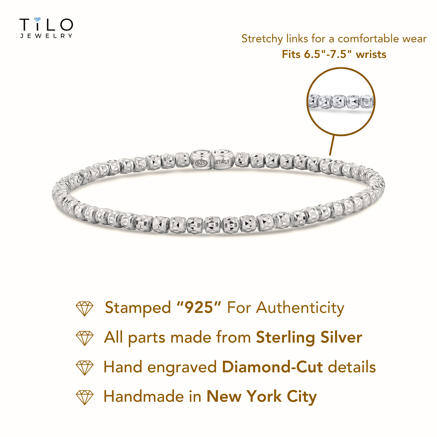 Sterling Silver Diamond-Cut "Tiger" Bead Stretch Bracelet