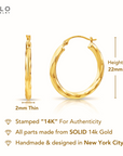 14K Yellow Gold Twisted Hoop Earrings, 22mm