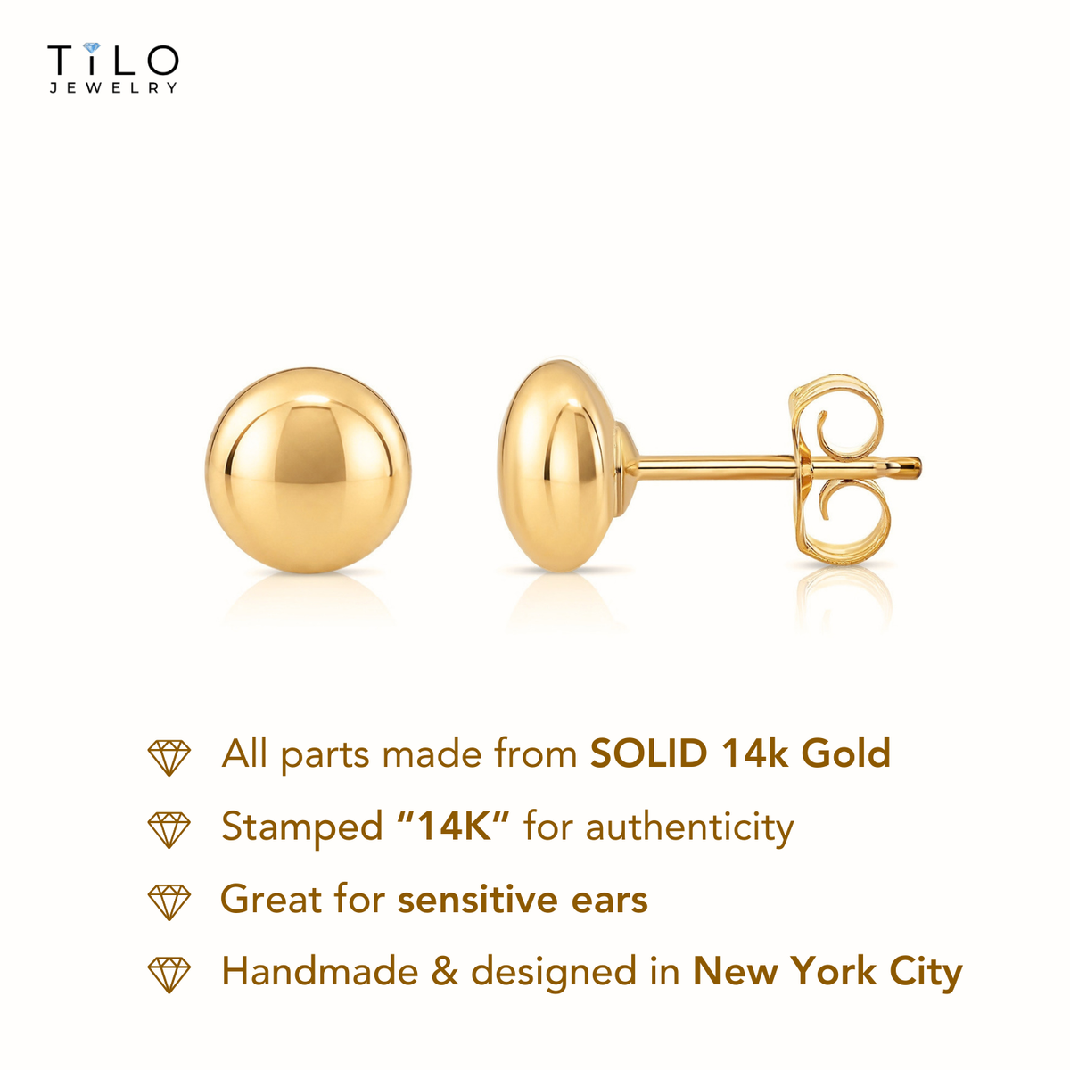 14K Yellow Gold Flat Ball Studs, Pushback