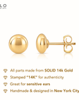 14K Yellow Gold Flat Ball Studs, Pushback