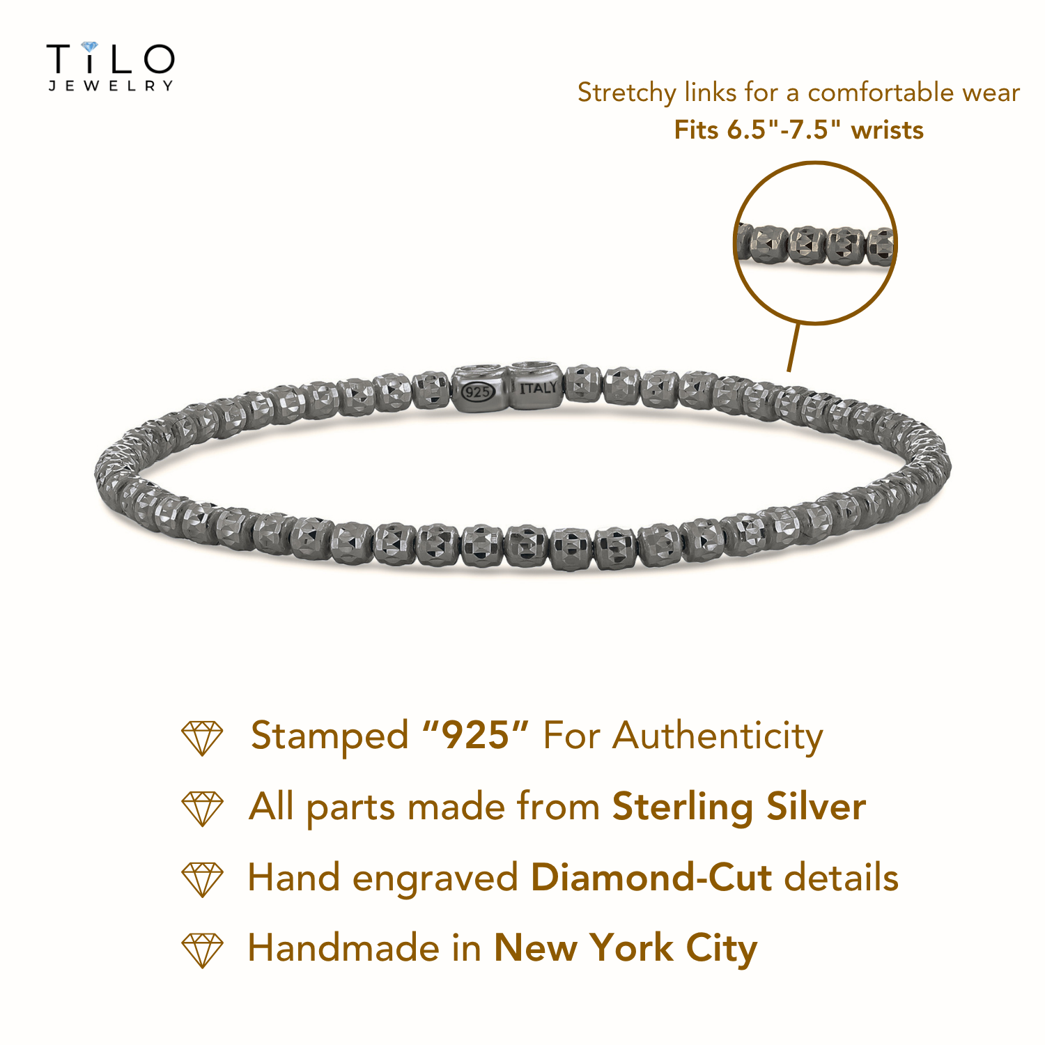 Sterling Silver Diamond-Cut "Tiger" Bead Stretch Bracelet, Gunmetal Finish