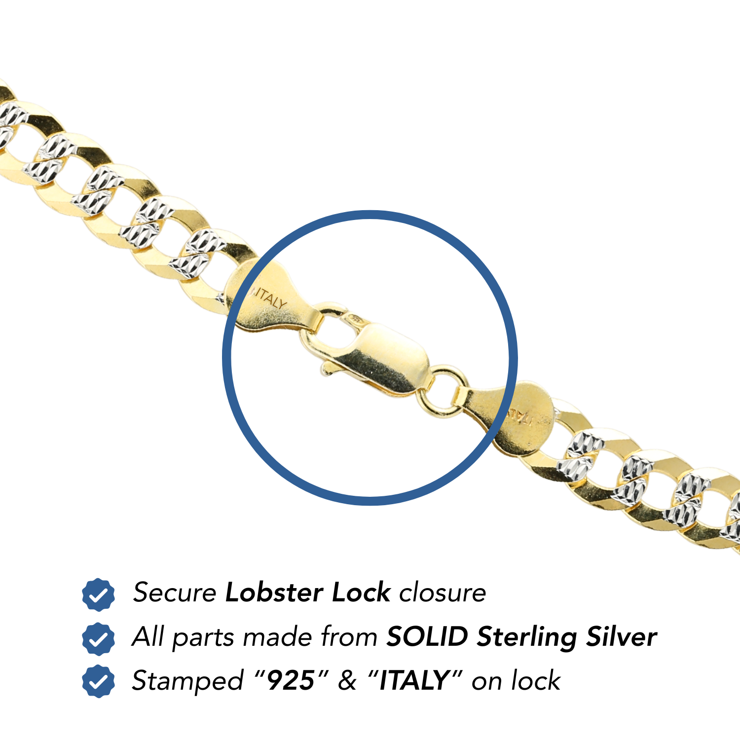 Sterling Silver Curb Chains, Two-Tone Italian Necklace, With Engraved Diamond-Cuts