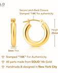 14K Yellow Gold Chunky Hoop Earrings, 5mm