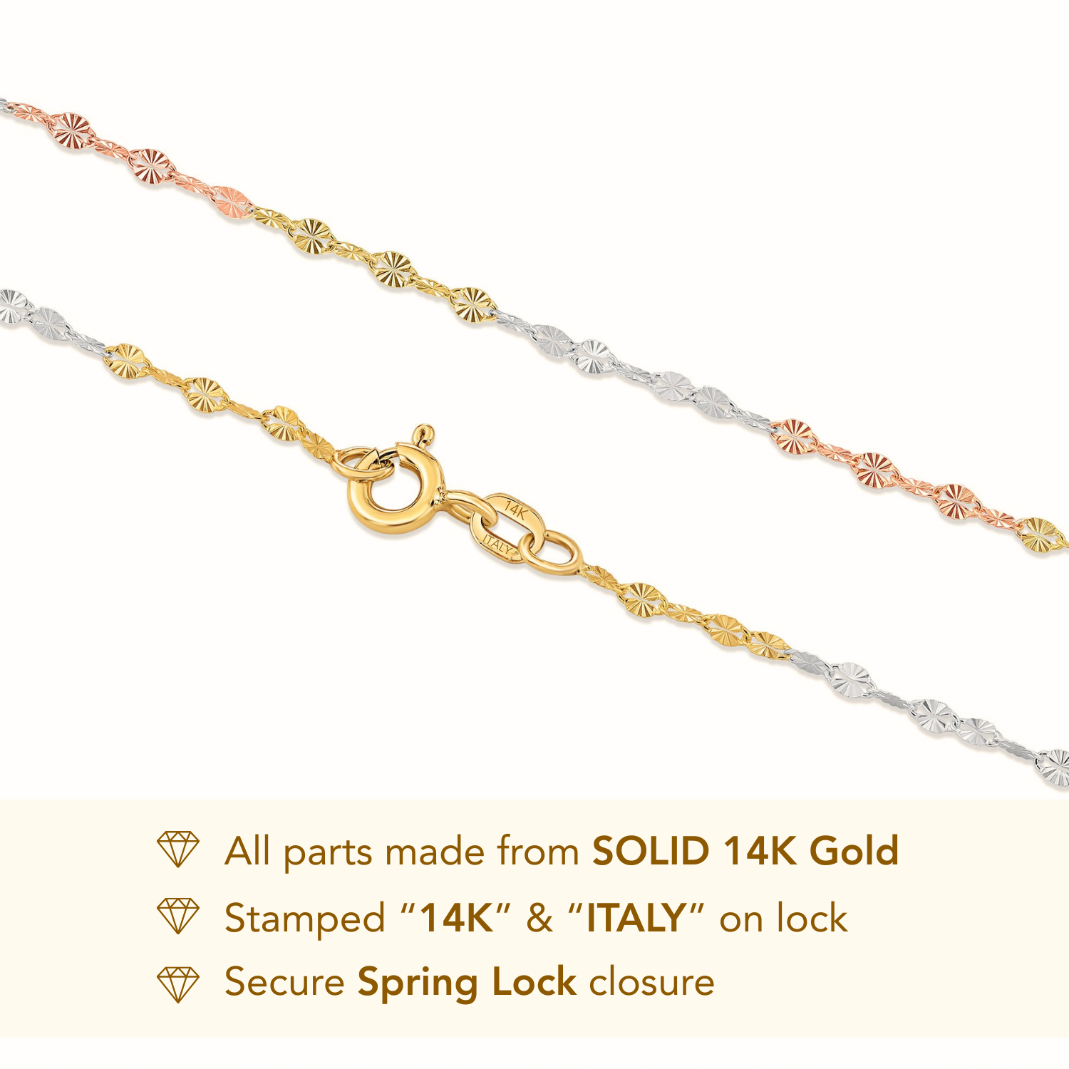 14K Gold Three-Tone Diamond-Cut Mirror Chain Necklace
