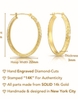 14K Yellow Gold Hand Engraved Full Diamond-cut Oval Hoop Earrings