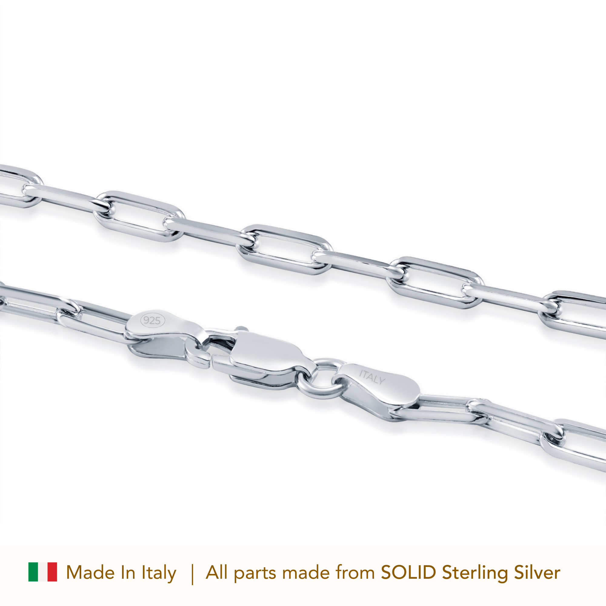 925 Sterling Silver Paperclip Chain Necklace, 3mm Thin, With Secure Lobster Lock