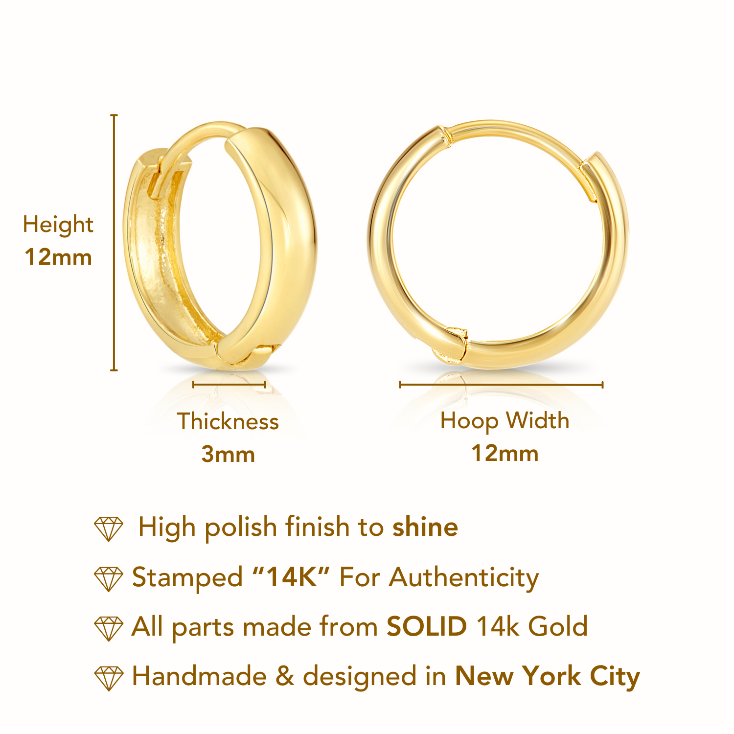 14k Gold Small Huggie Hoop Earrings, 12mm