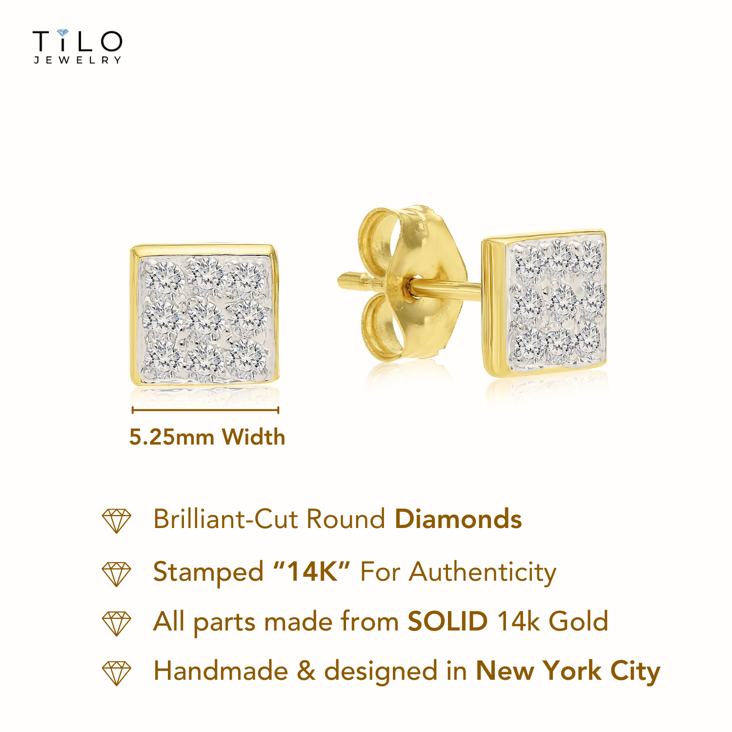 14K Yellow Gold Natural Diamond Square Stud Earrings, 0.15ctw