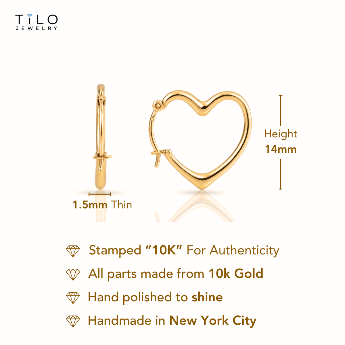 10K Yellow Gold Heart Hoop Earrings