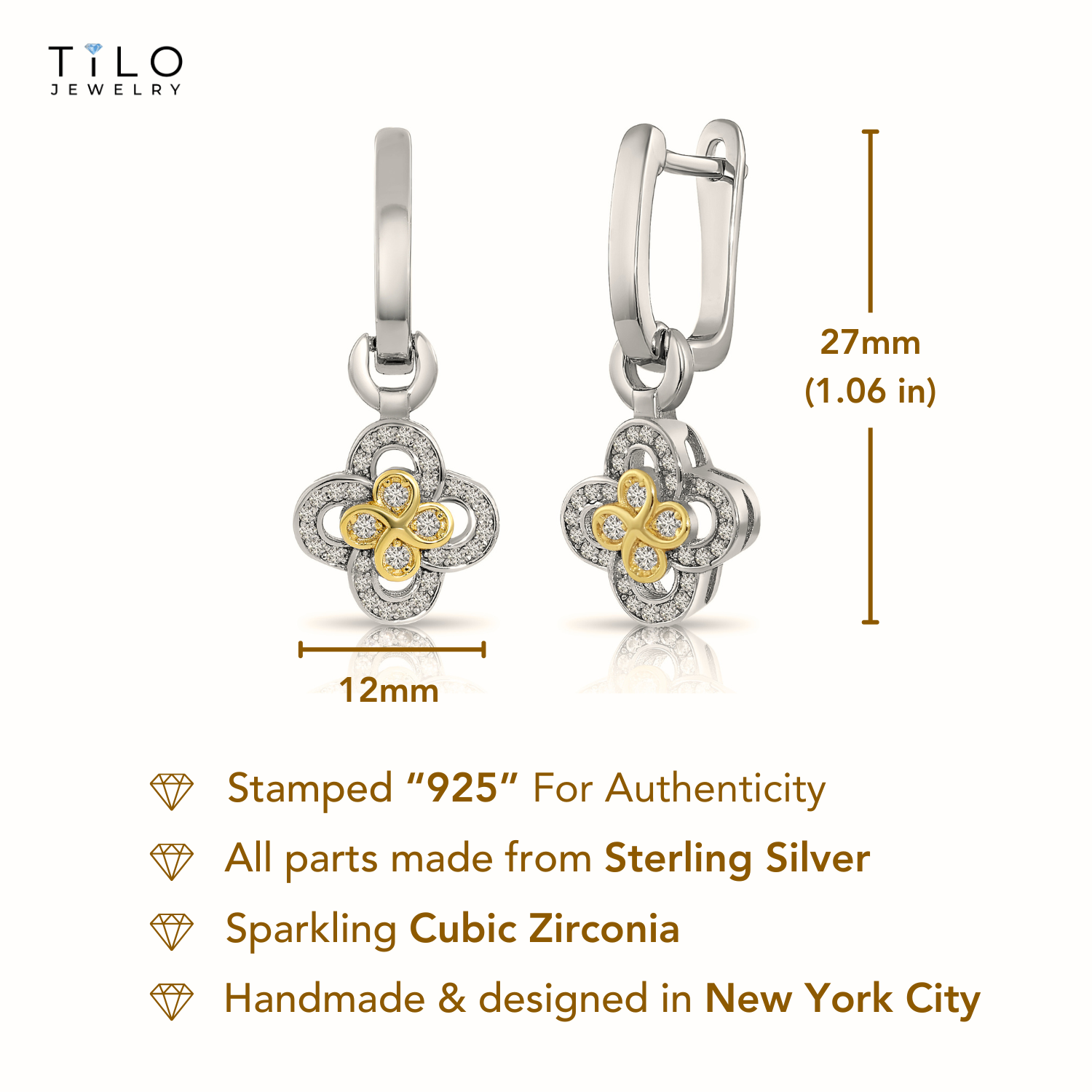 Sterling Silver Two-Tone Clover Drop Earrings