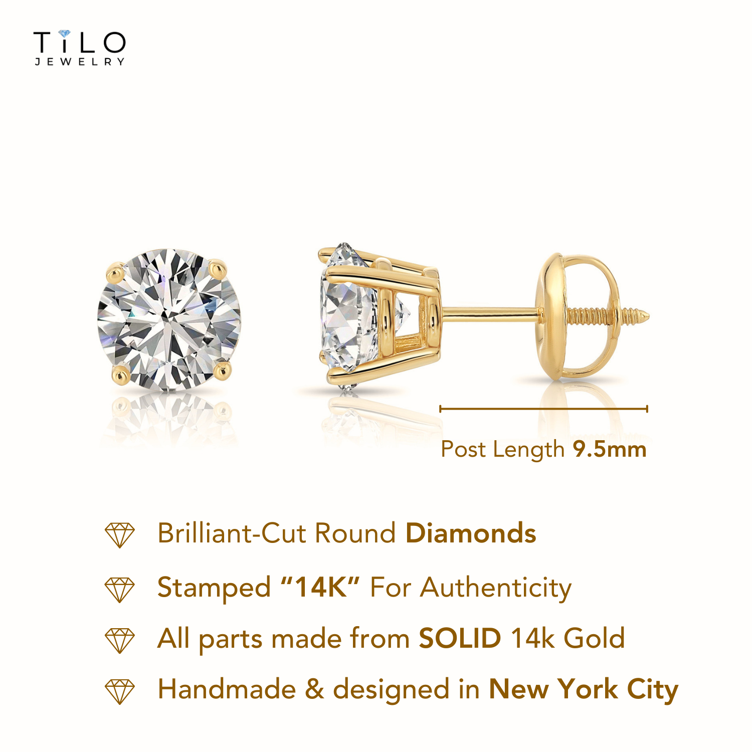 14K Yellow Gold Solitaire Lab Diamond Studs, Screwback