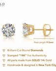 14K Yellow Gold Solitaire Lab Diamond Studs, Screwback