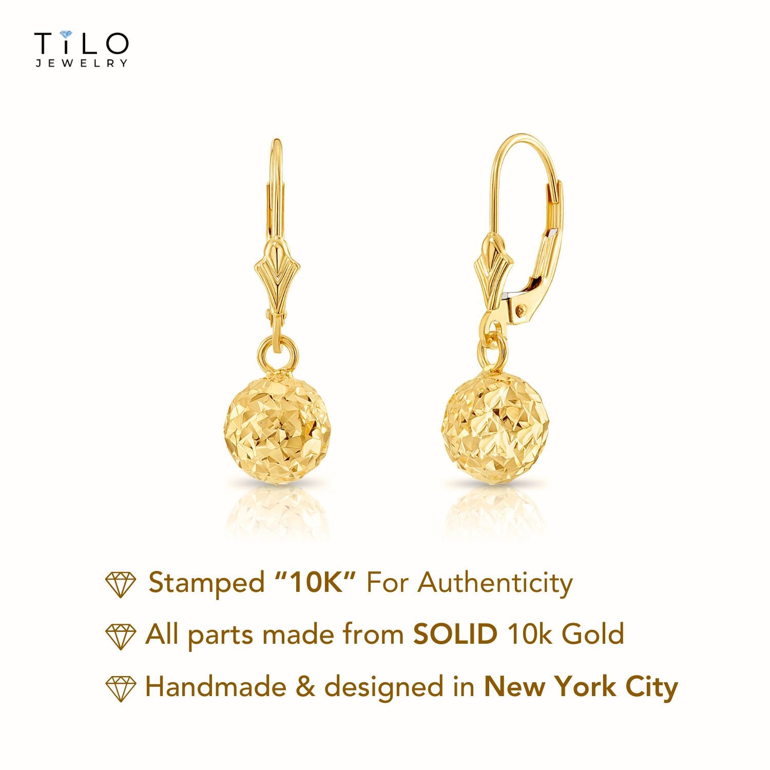 10k Yellow Gold Sparkle Ball Dangle Earrings