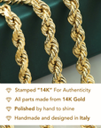 14K Yellow Gold Rope Chain Bracelet, Lobster Lock