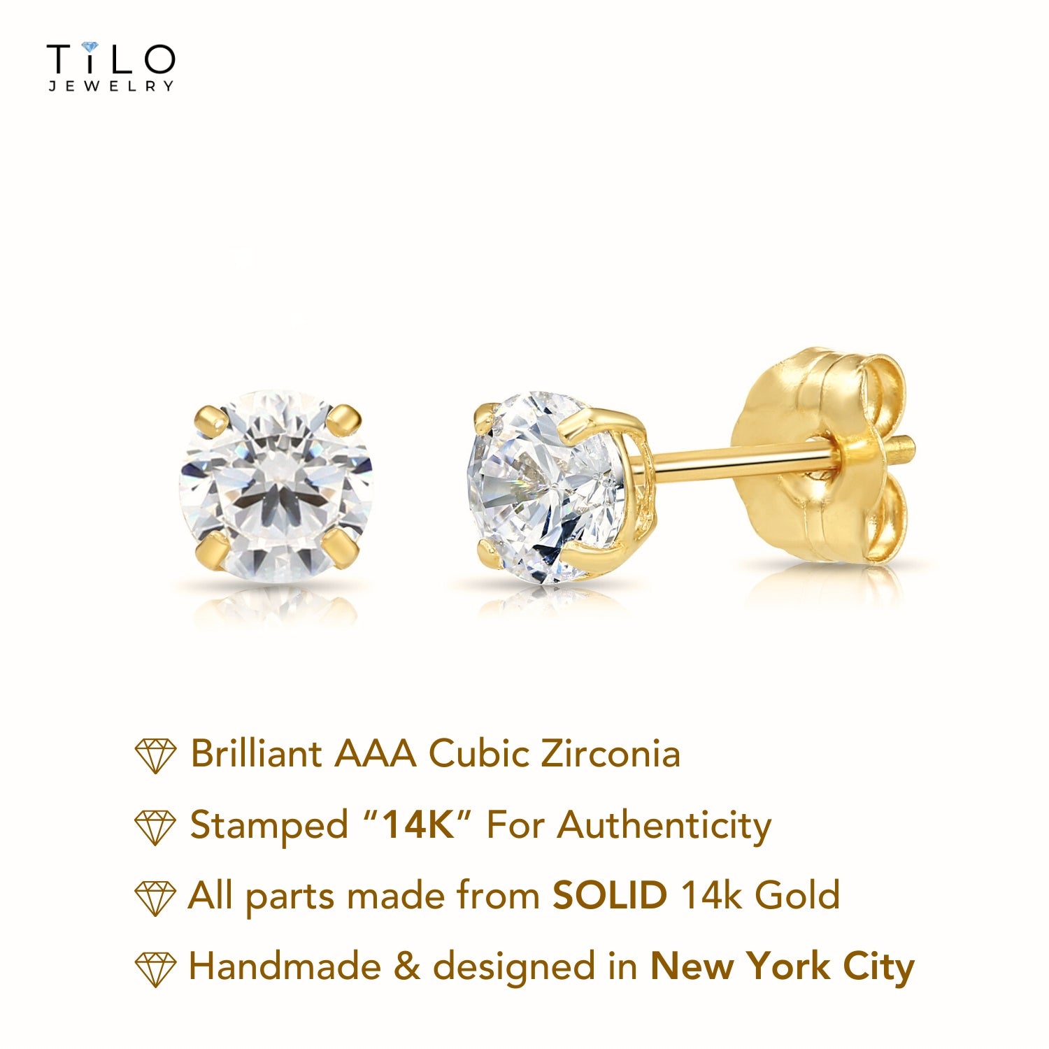 14k Yellow Gold Classic Solitaire Stud Earrings with Pushbacks
