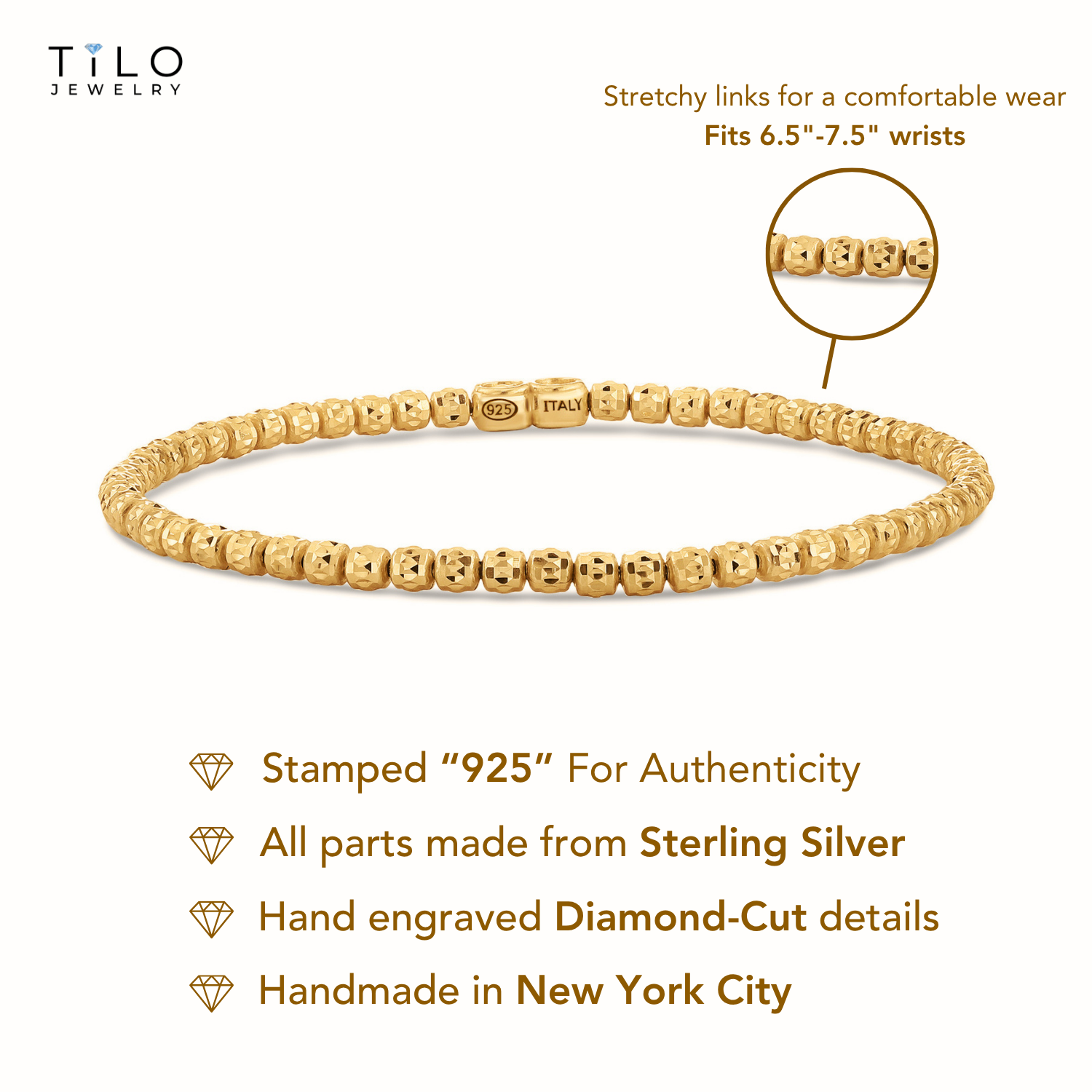 14K Gold Plated Diamond-Cut "Tiger" Bead Stretch Bracelet, Solid Sterling Silver