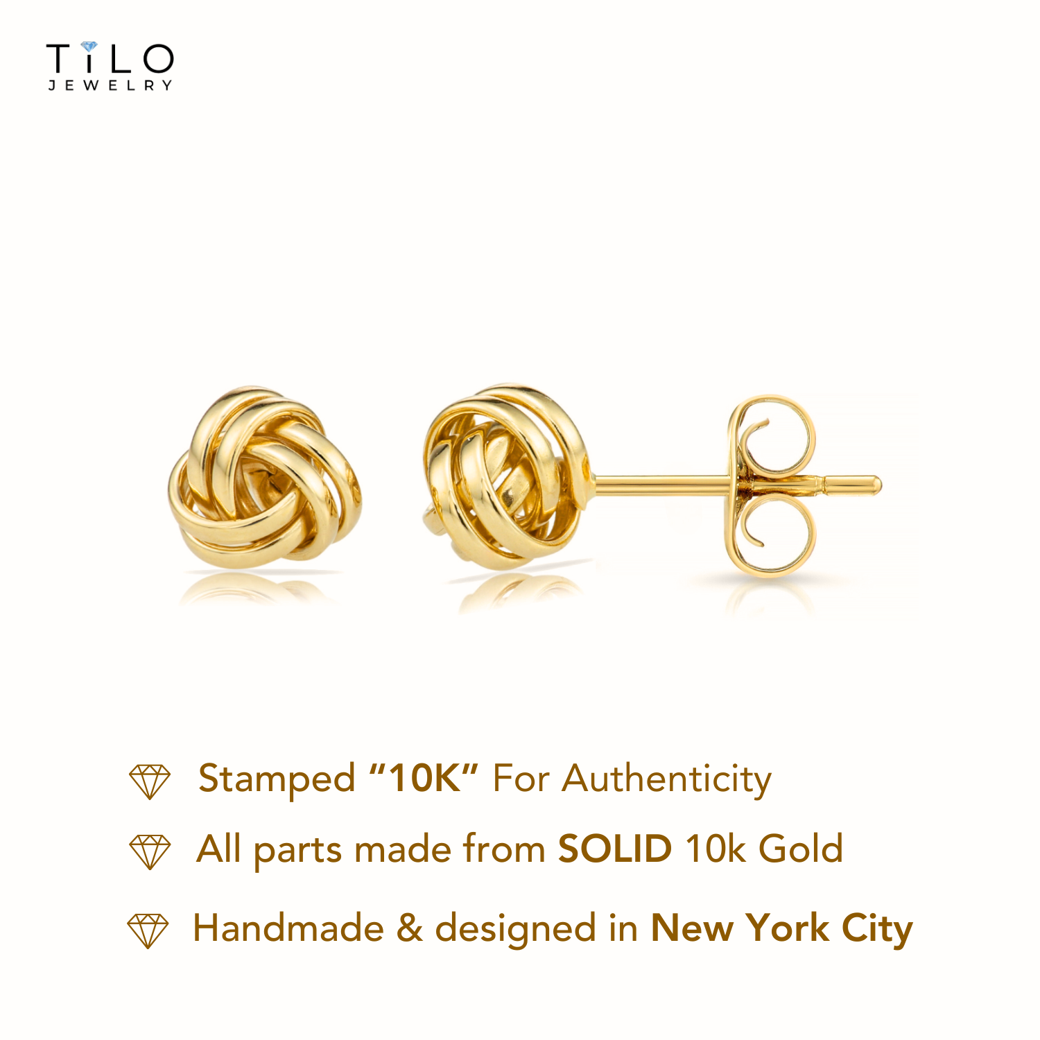10K Yellow Gold Love Knot Stud Earrings, Pushback