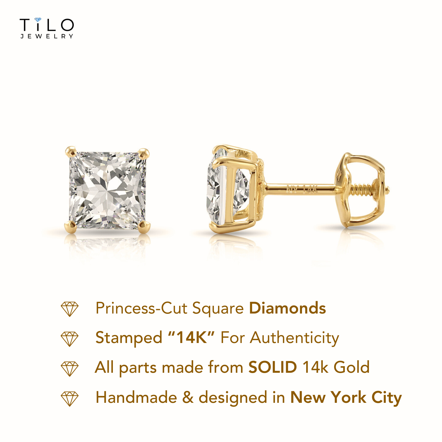 14K Yellow Gold Lab Diamond Princess-Cut Stud Earrings, Screwback