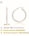 Sterling Silver Classic Round Chunky Hoop Earrings, 3mm