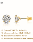 14K Yellow Gold Round Solitaire Cubic Zirconia Studs, Screwback